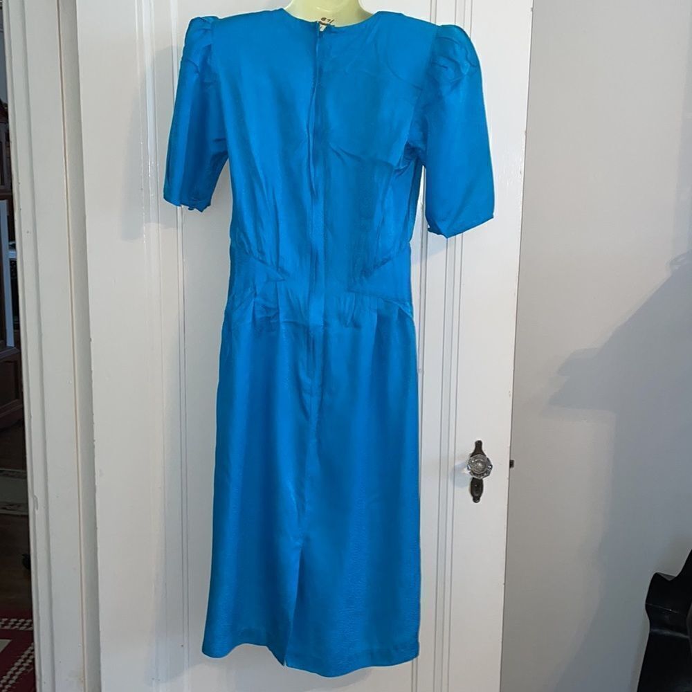 Vintage 80s Argenti turquoise blue silk dress - Picture 5 of 9